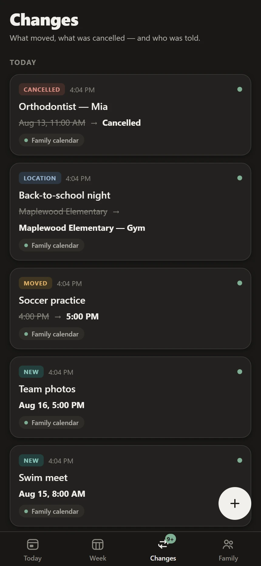 The Changes feed — a moved practice showing 4:00 PM struck through and 5:00 PM in bold, with its source