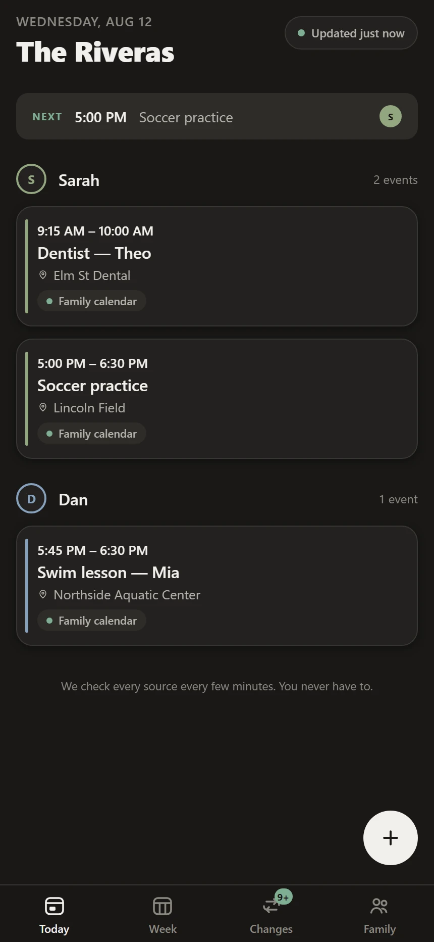 Family OS Today — Sarah and Dan each get their own lane, with the next event pinned at the top