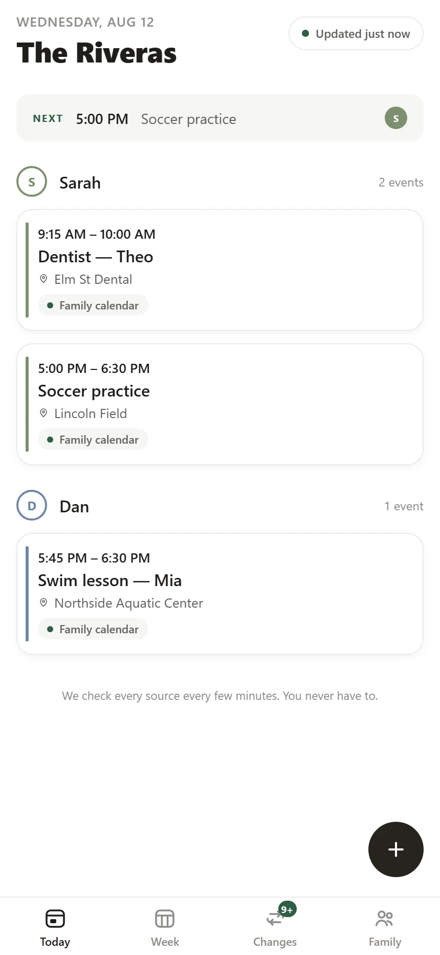Family OS Today — Sarah and Dan each get their own lane, with the next event pinned at the top