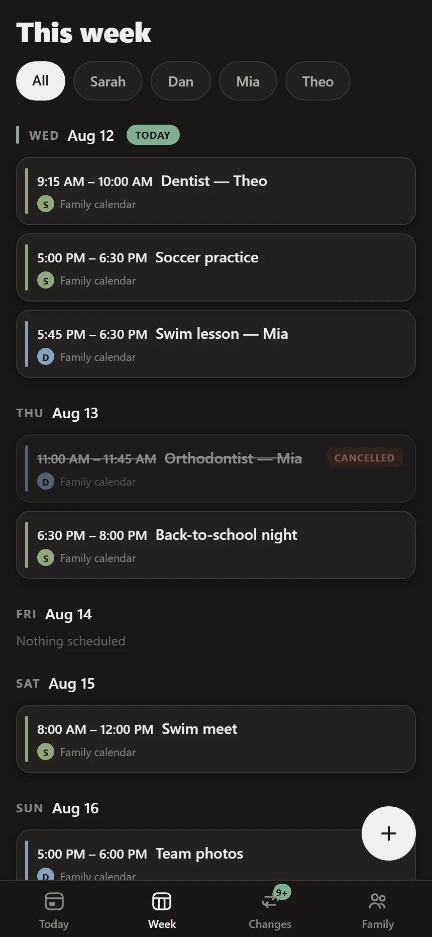 Week view — a filter chip per family member, seven days as one scroll, and a cancelled orthodontist appointment still visible with a strikethrough